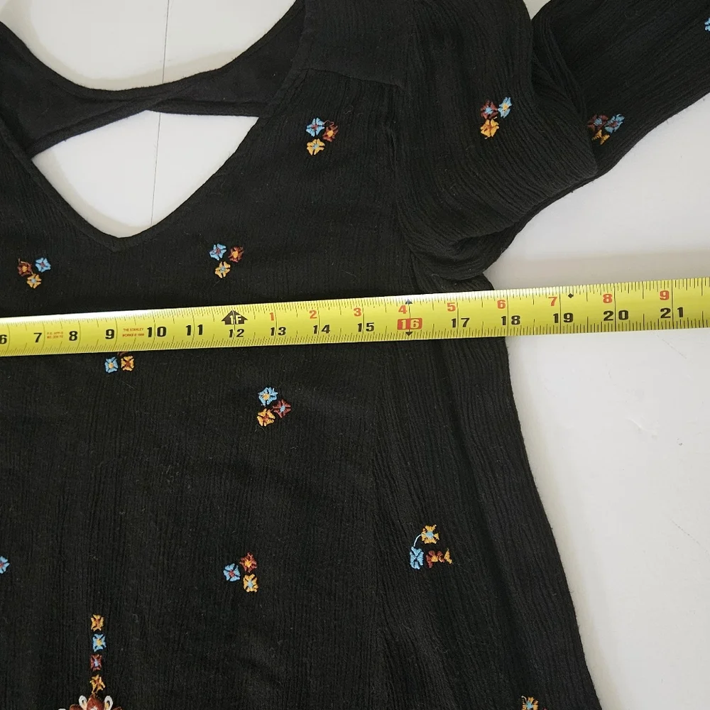 Free People XS Boho Black Oxford W/Embroidered Floral Swing Mini Dress